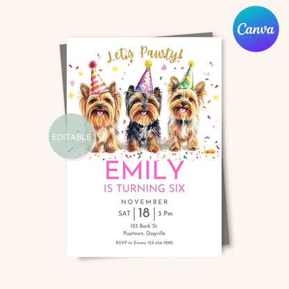 Printable Yorkshire Terrier birthday invite, editable in Canva.