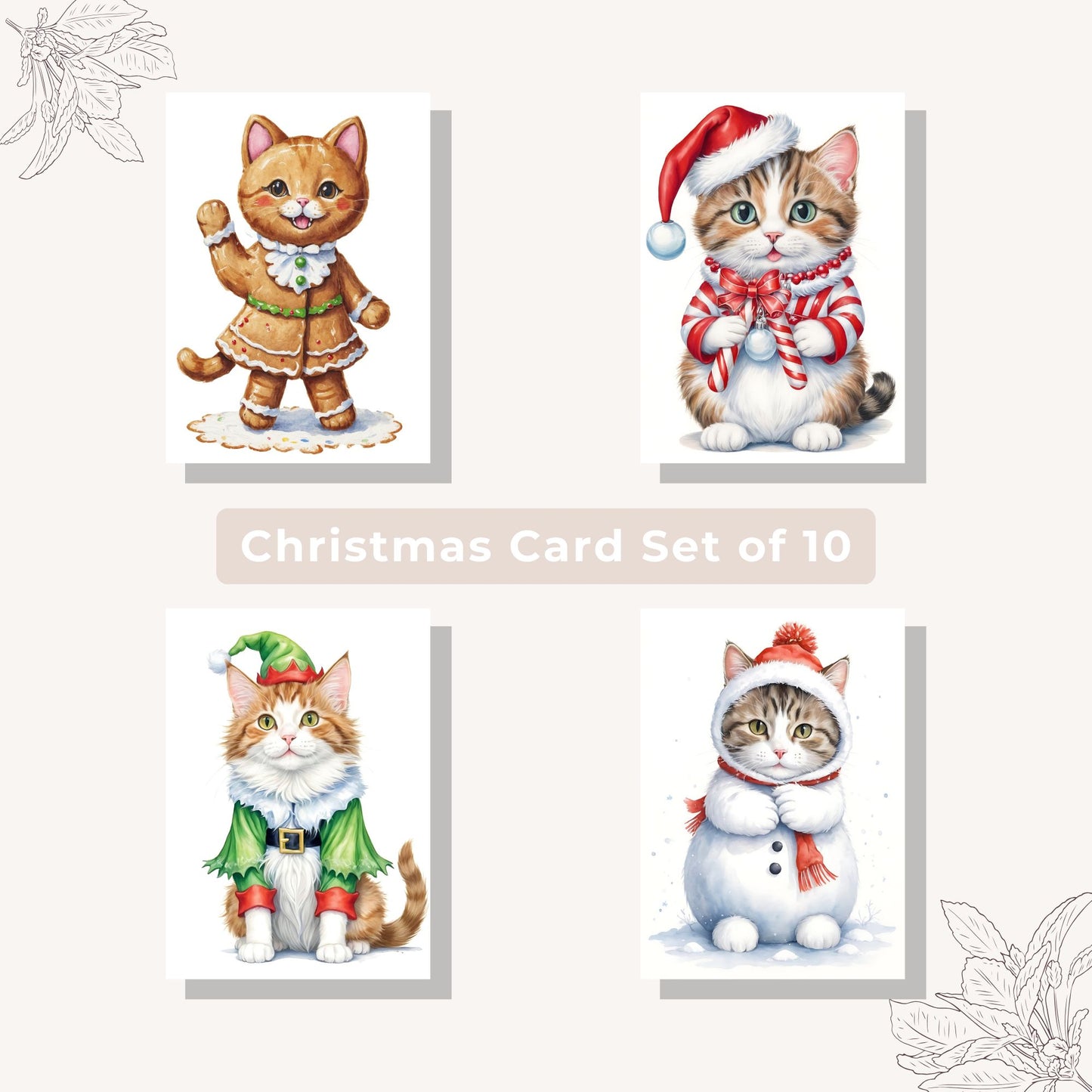 Printable holiday card set featuring cute cats in Christmas designs.
