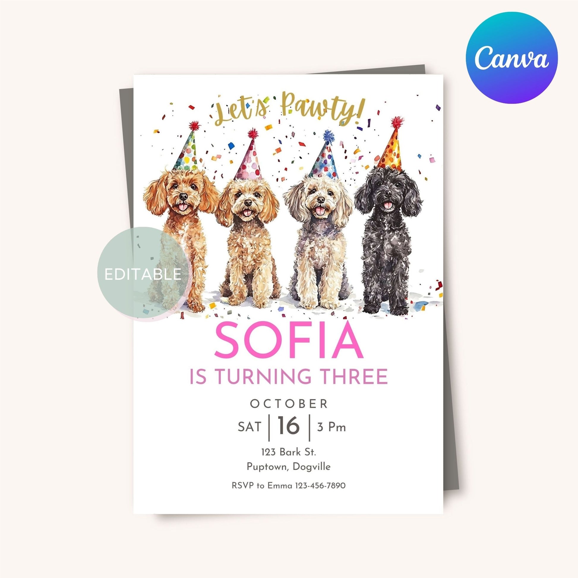 Printable Poodle dog birthday invite, editable in Canva.