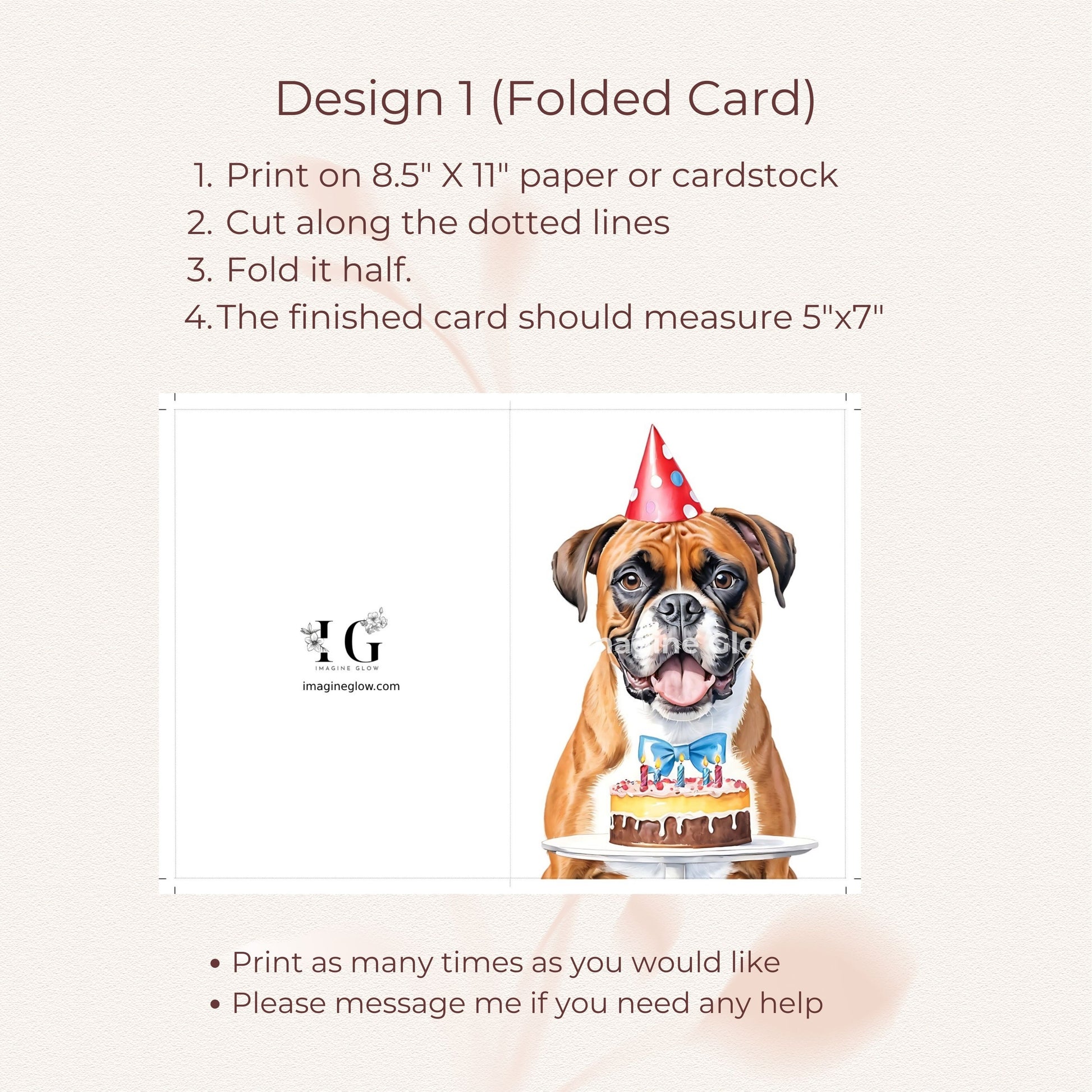 Adorable Boxer dog printable card for celebrating birthdays.