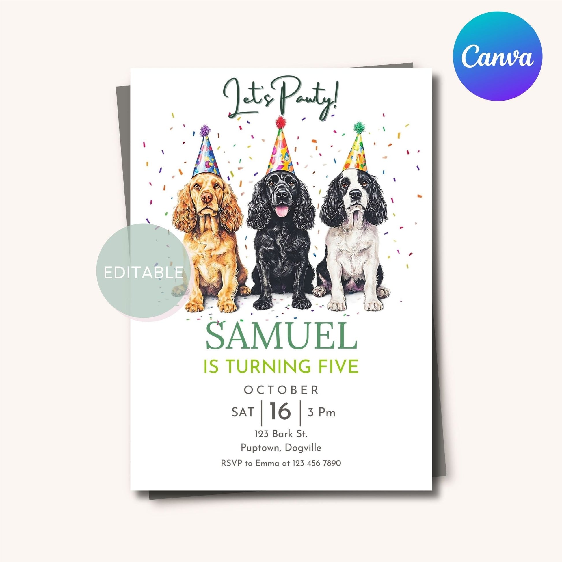 Printable and mobile Cocker Spaniel birthday invitation for pet parties.