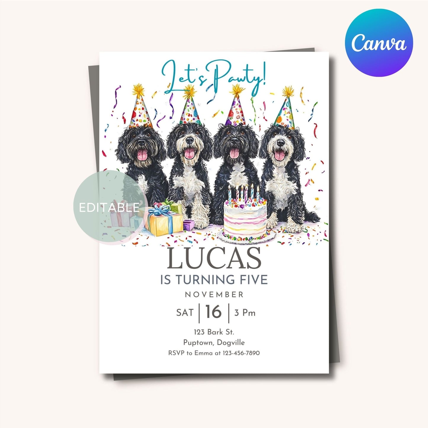 Customizable Portuguese Water Dog party invite for print or mobile.