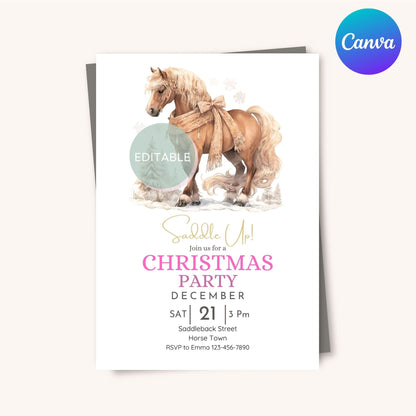 Editable holiday invite showcasing beautiful horse illustrations for any celebrations