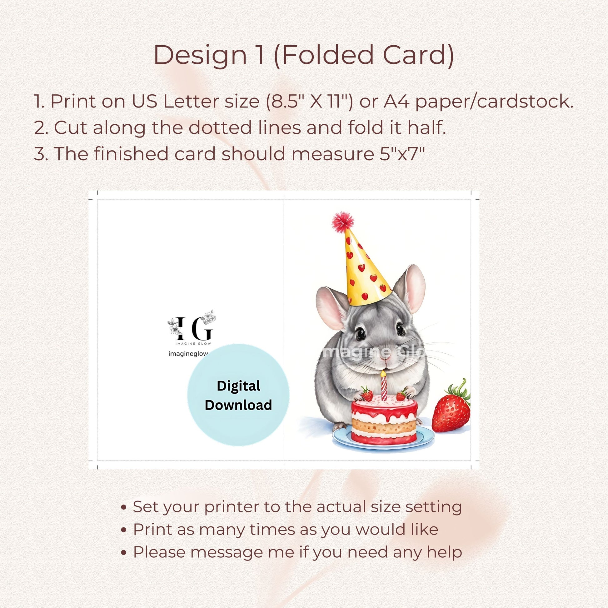 Adorable chinchilla pet birthday card, ideal for celebrating small pets.
Digital chinchilla birthday card featuring a playful and cute design.
