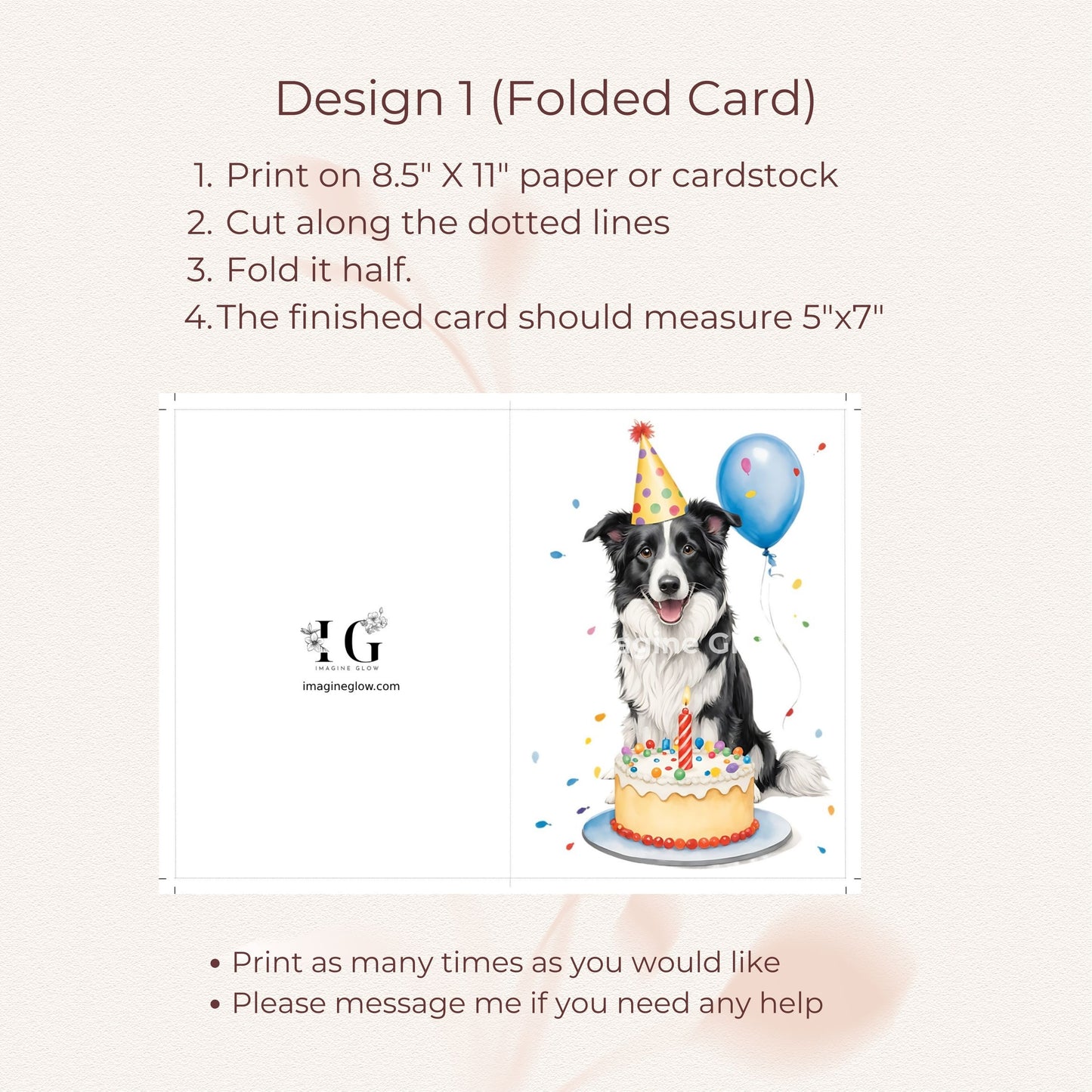 Cute Border Collie dog printable card for celebrating birthdays.