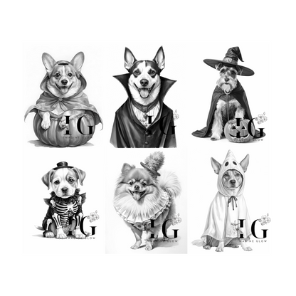 Printable Halloween dog costume coloring pages for creative fun.