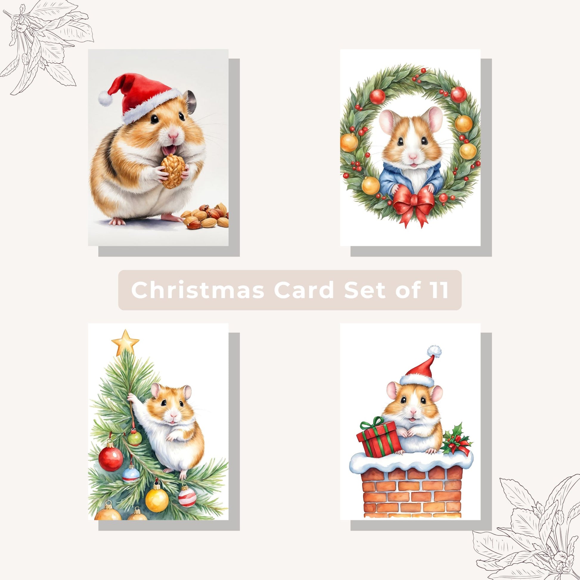 Digital download of hamster-themed Christmas cards for spreading cheer.
Hamster Christmas card set perfect for sending warm holiday wishes.
