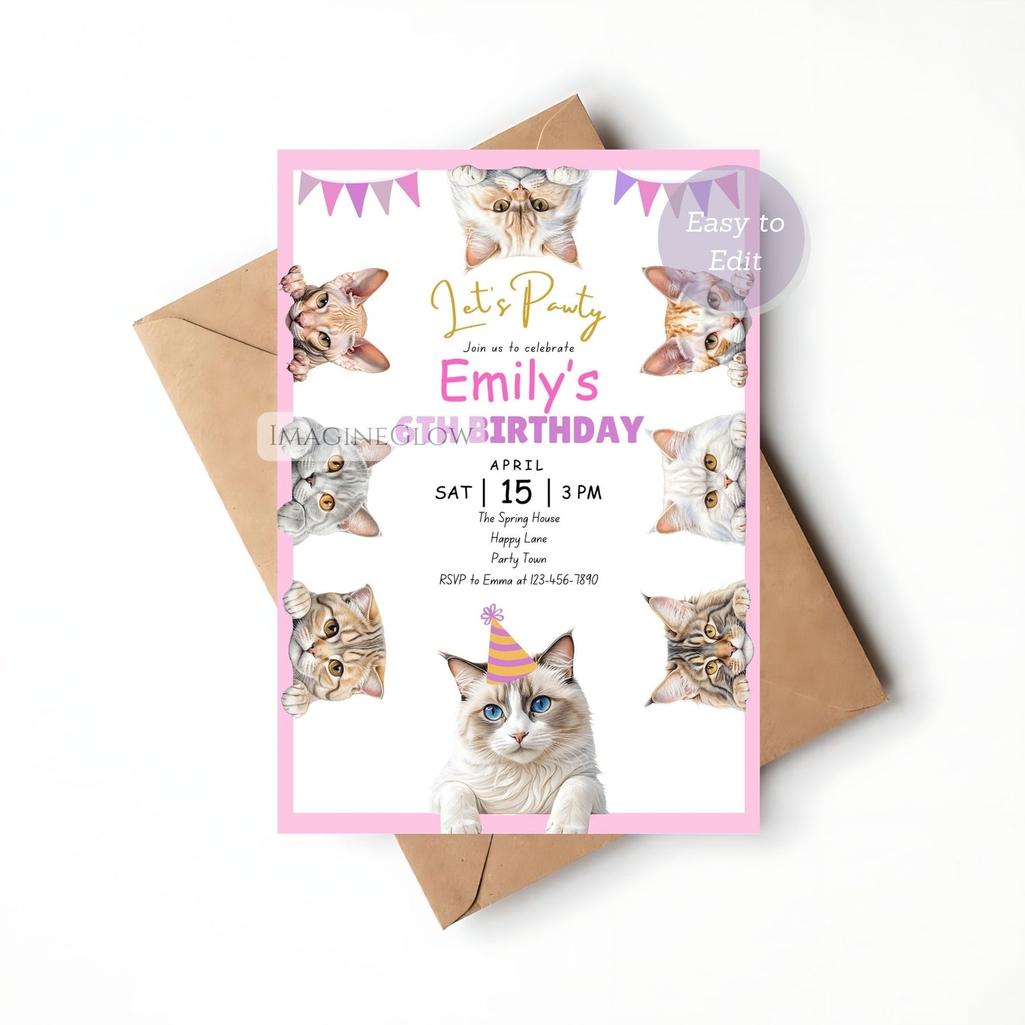 Cat Themed Birthday Invitation - Cute Kitten Party Invite - Girl Birthday