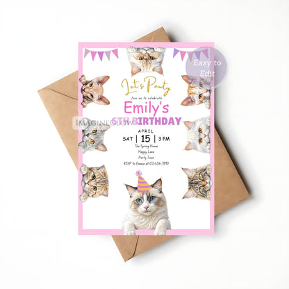 Cat Themed Birthday Invitation - Cute Kitten Party Invite - Girl Birthday