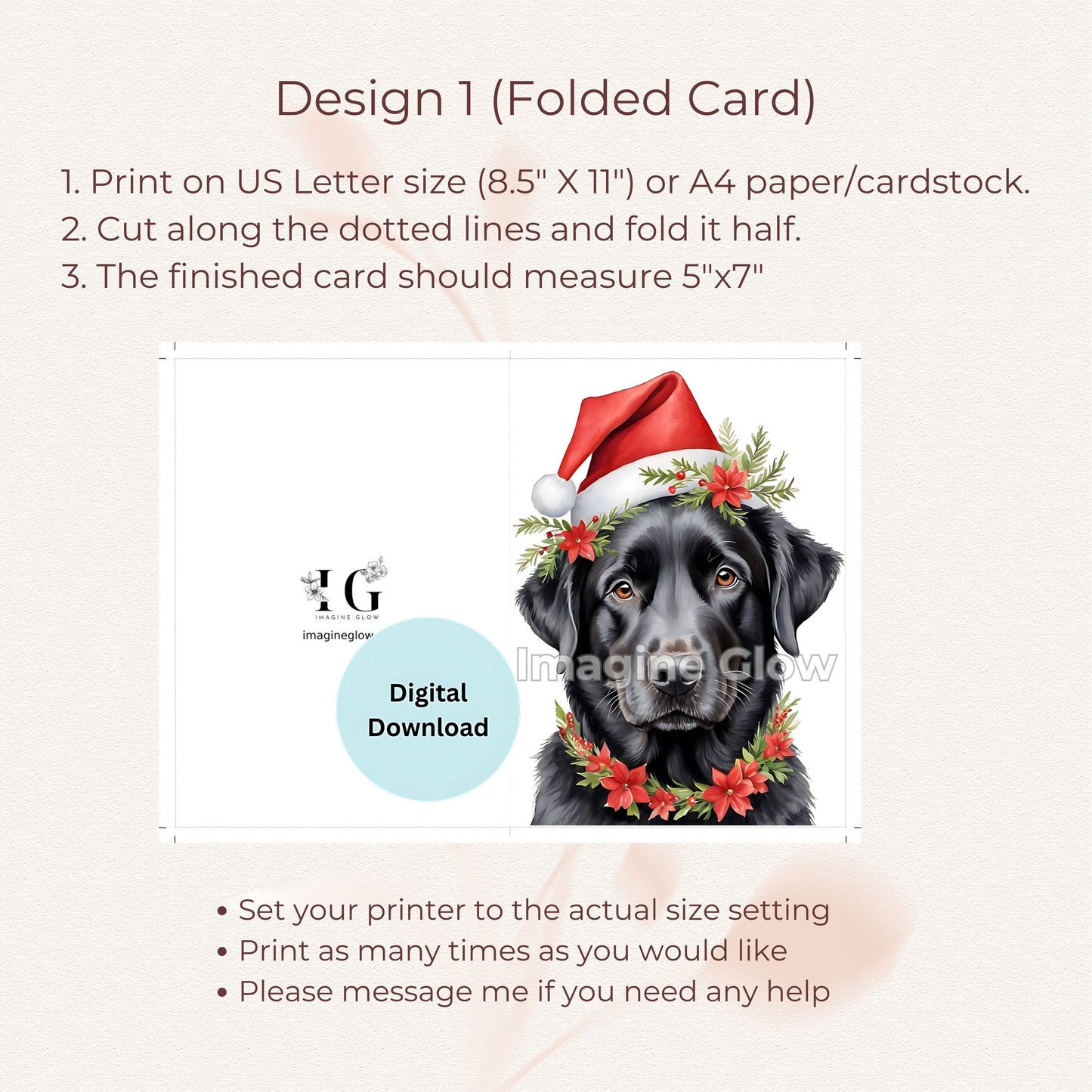 Cute Black Labrador Retriever design on a printable Christmas greeting card.