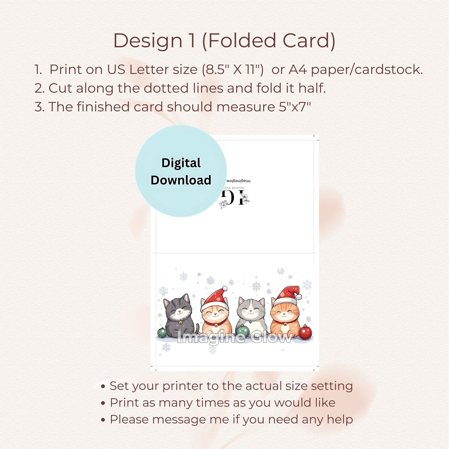 Printable set of 9 Cat Christmas cards with charming pet designs.