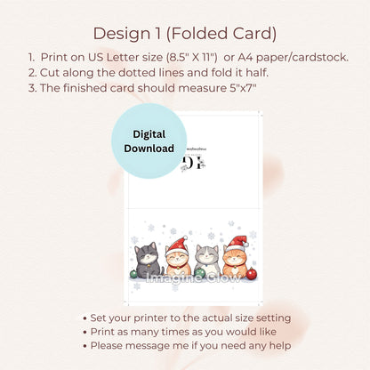 Printable set of 9 Cat Christmas cards with charming pet designs.