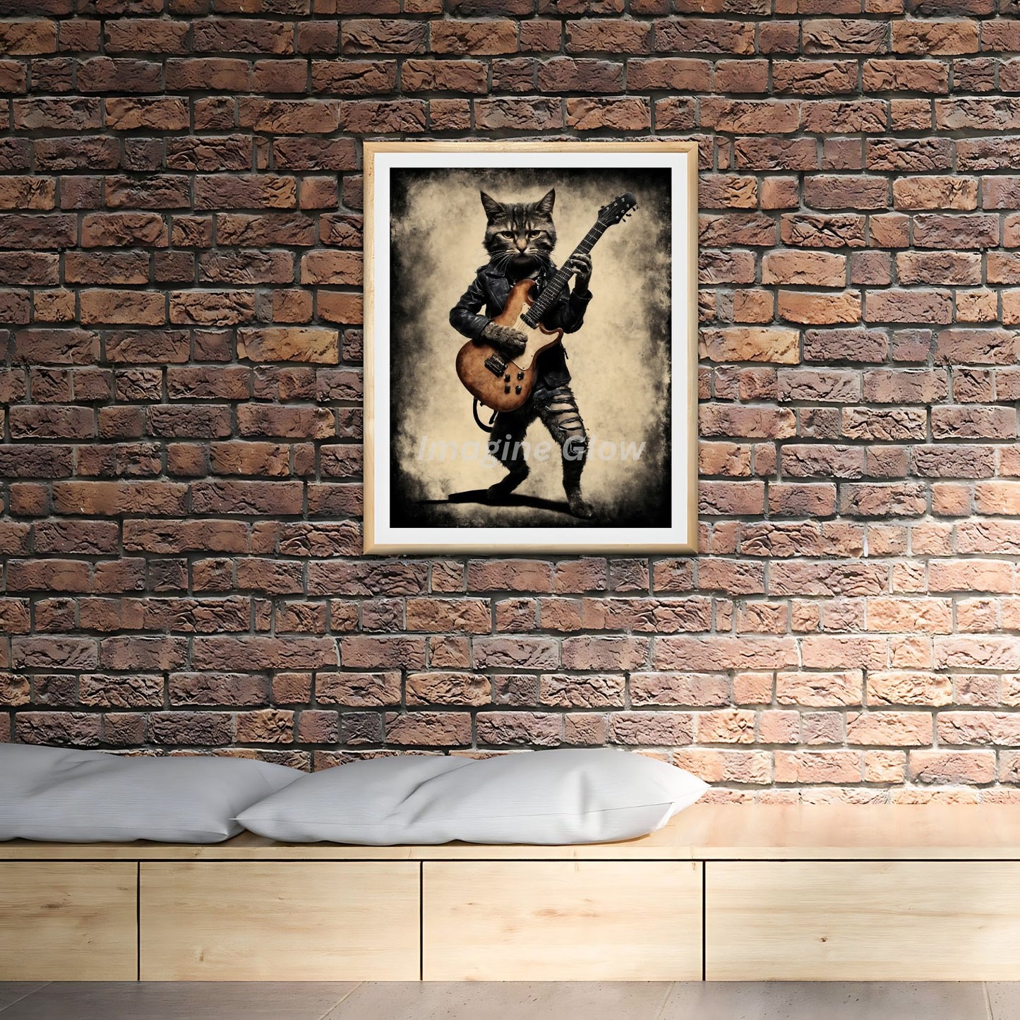 Fun vintage-inspired music poster featuring a cat playing guitar