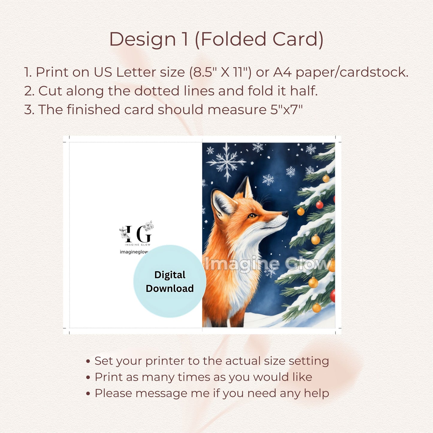 Christmas fox card adorned with festive elements, ideal for animal lovers.