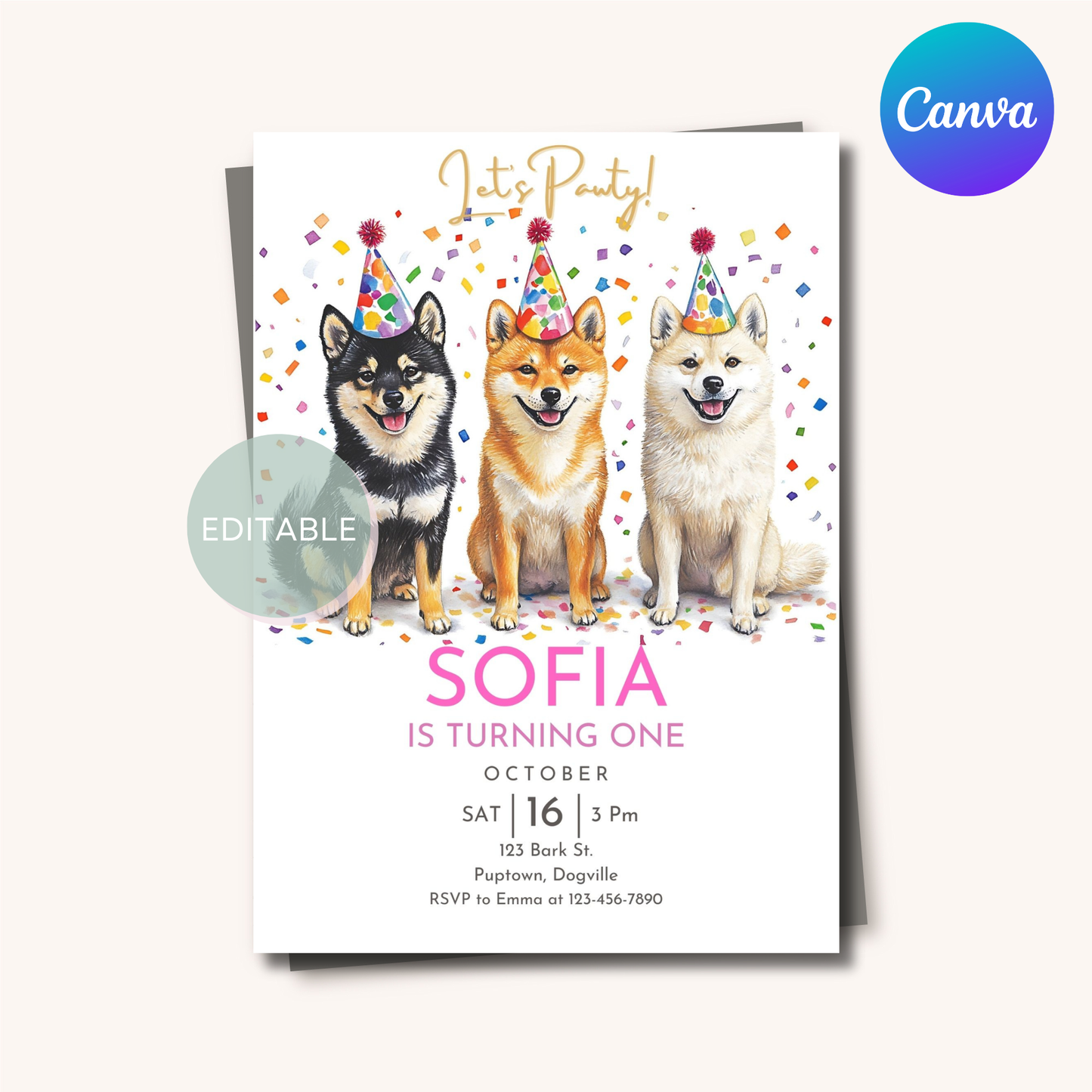 Shiba Inu dog invitation for birthdays, digital download.