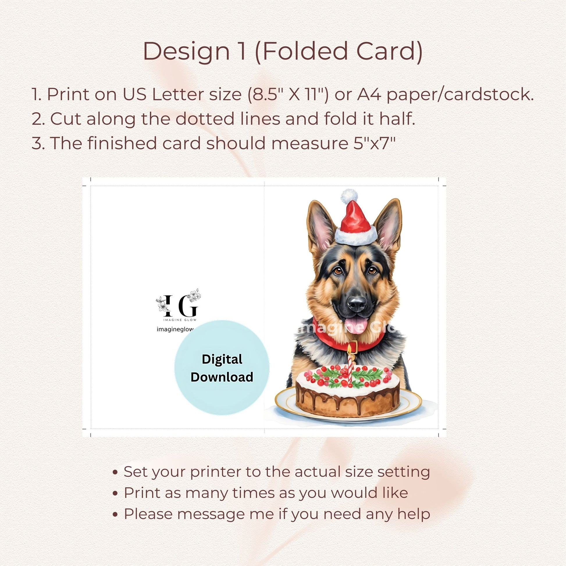 German Shepherd holiday card, ideal for spreading Christmas cheer to friends and family.
