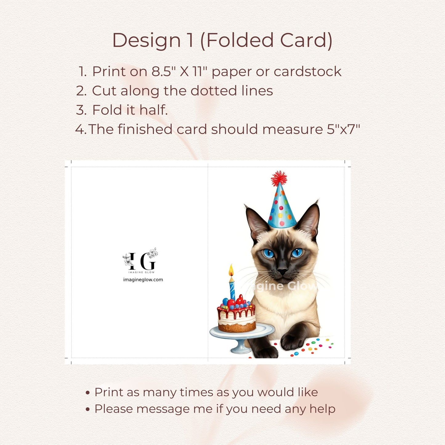 Adorable cat-themed birthday card featuring a Siamese cat