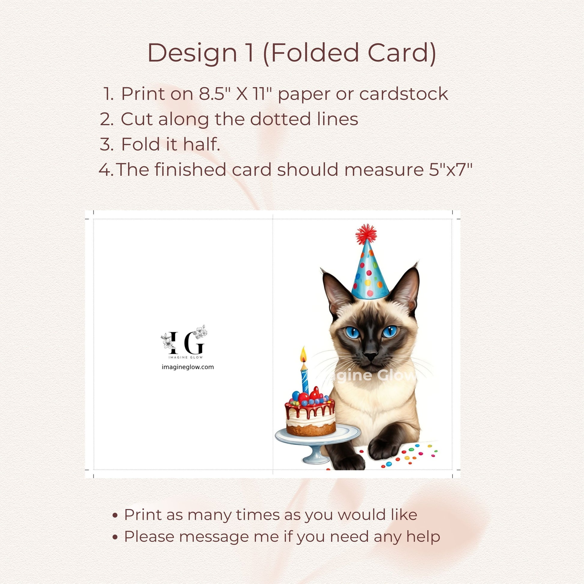 Adorable cat-themed birthday card featuring a Siamese cat