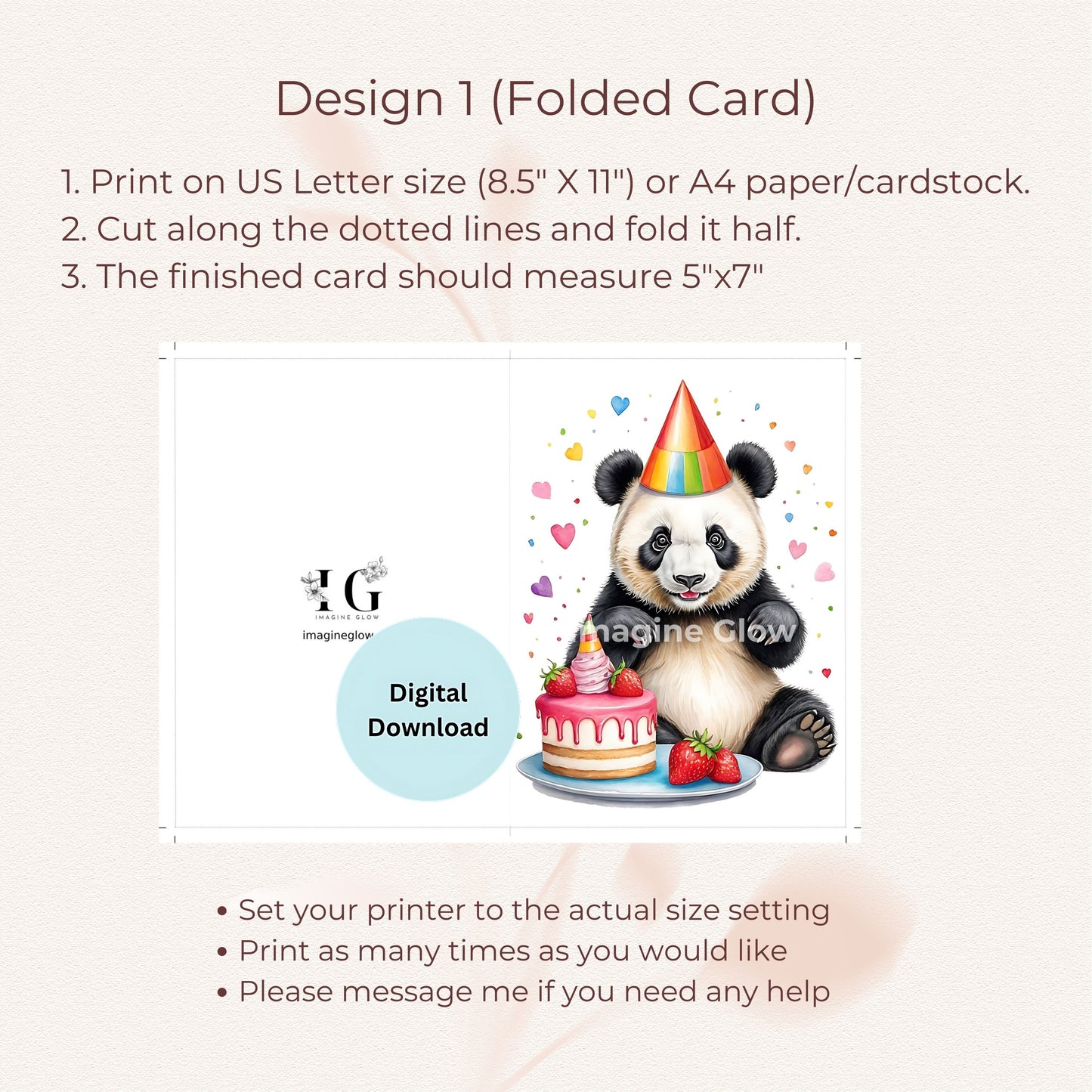 Panda birthday greeting card, available as a digital download for easy printing.
