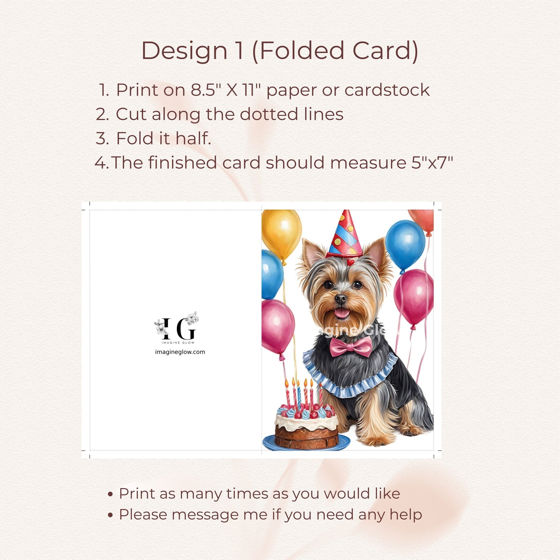 Printable birthday card designed for Yorkshire Terrier lovers