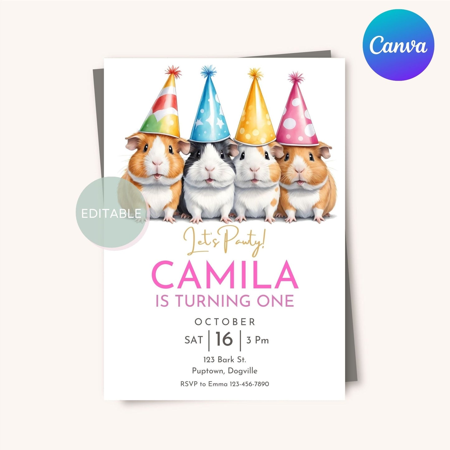 Digital download of an editable guinea pig birthday invitation template, perfect for creating unique invites for any birthday party.