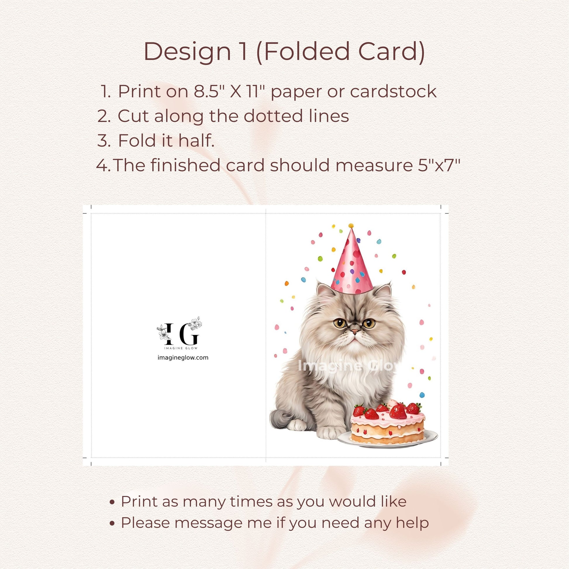 Adorable cat-themed birthday card featuring a Persian cat