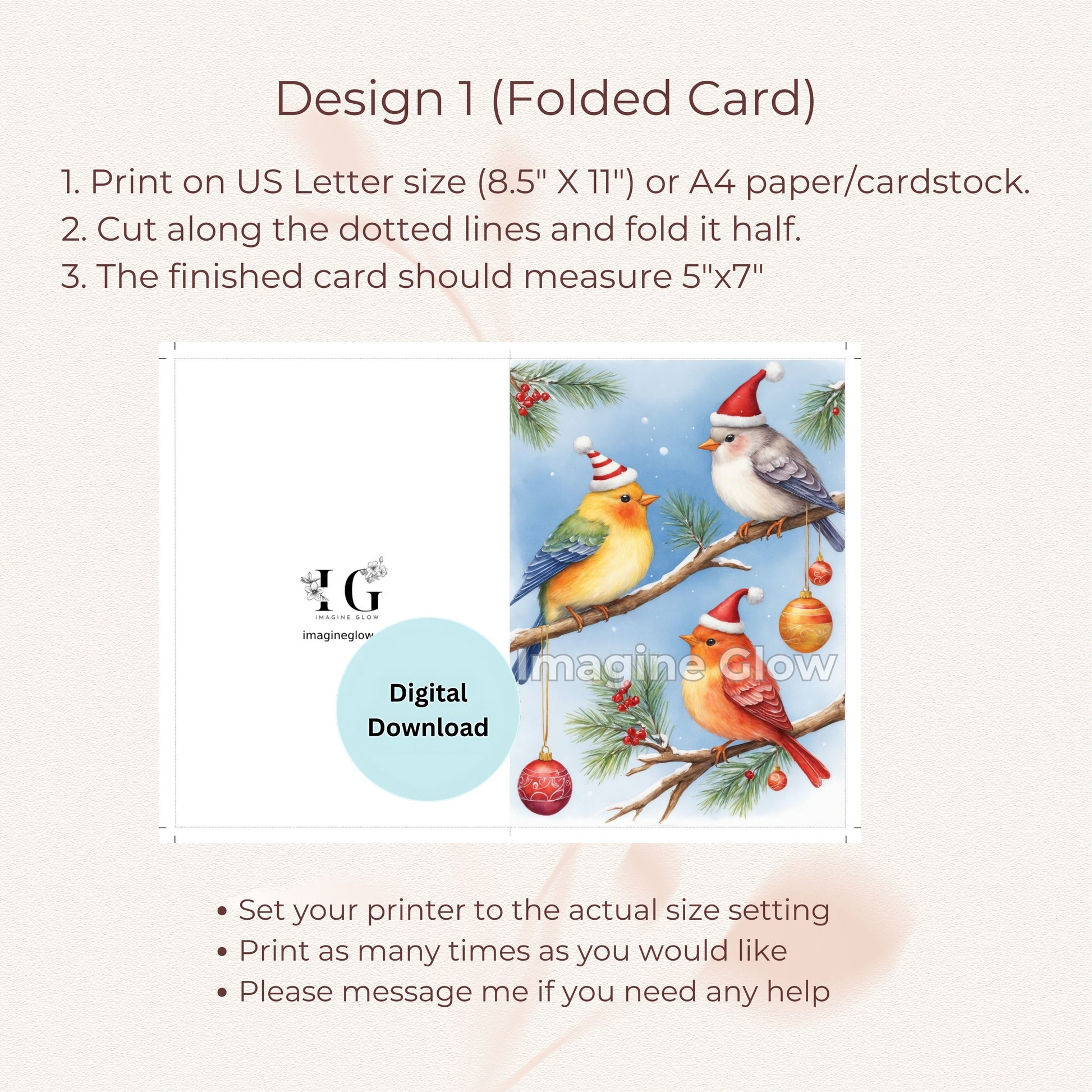 Festive Christmas card with colorful birds and holly illustrations.