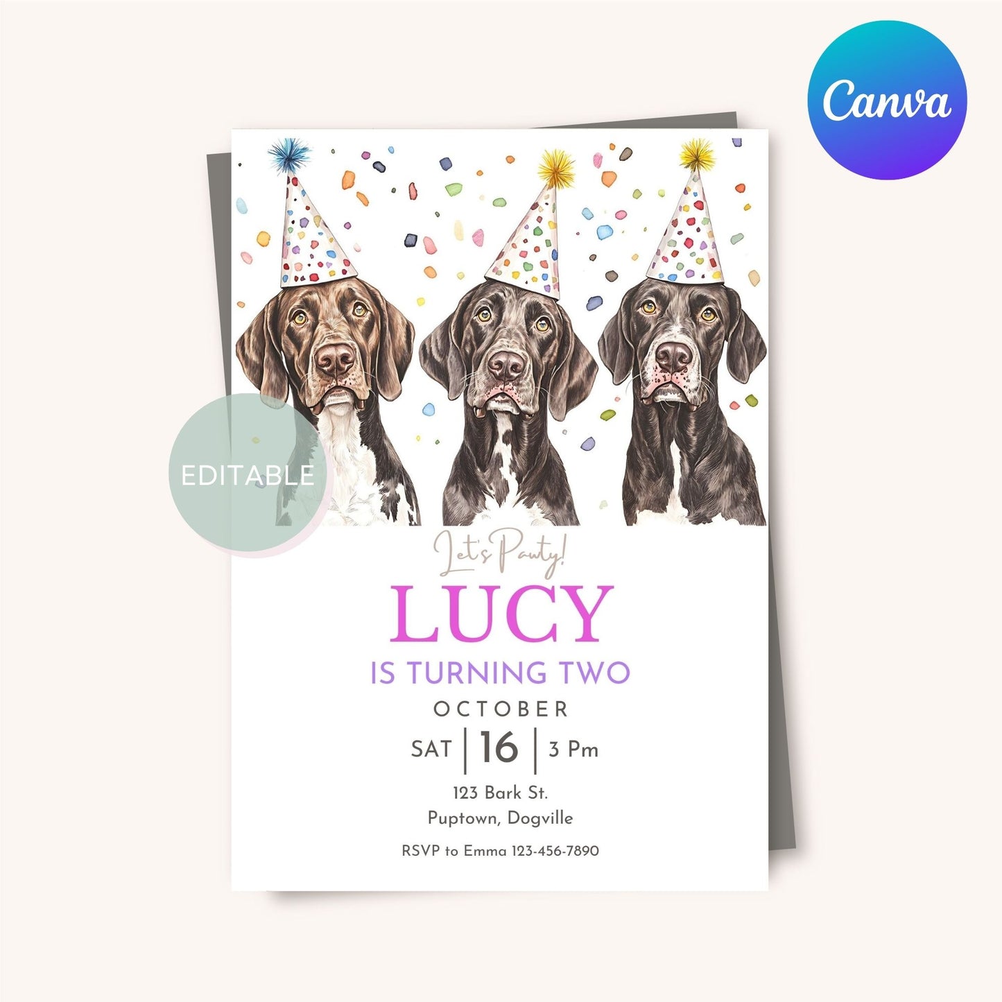 Printable German Shorthaired Pointer party invitation, digital download.