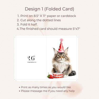 Adorable cat-themed birthday card featuring a Maine Coon cat