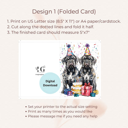 Mastiff dogs birthday card digital download featuring playful Mastiffs ready to celebrate a special occasion