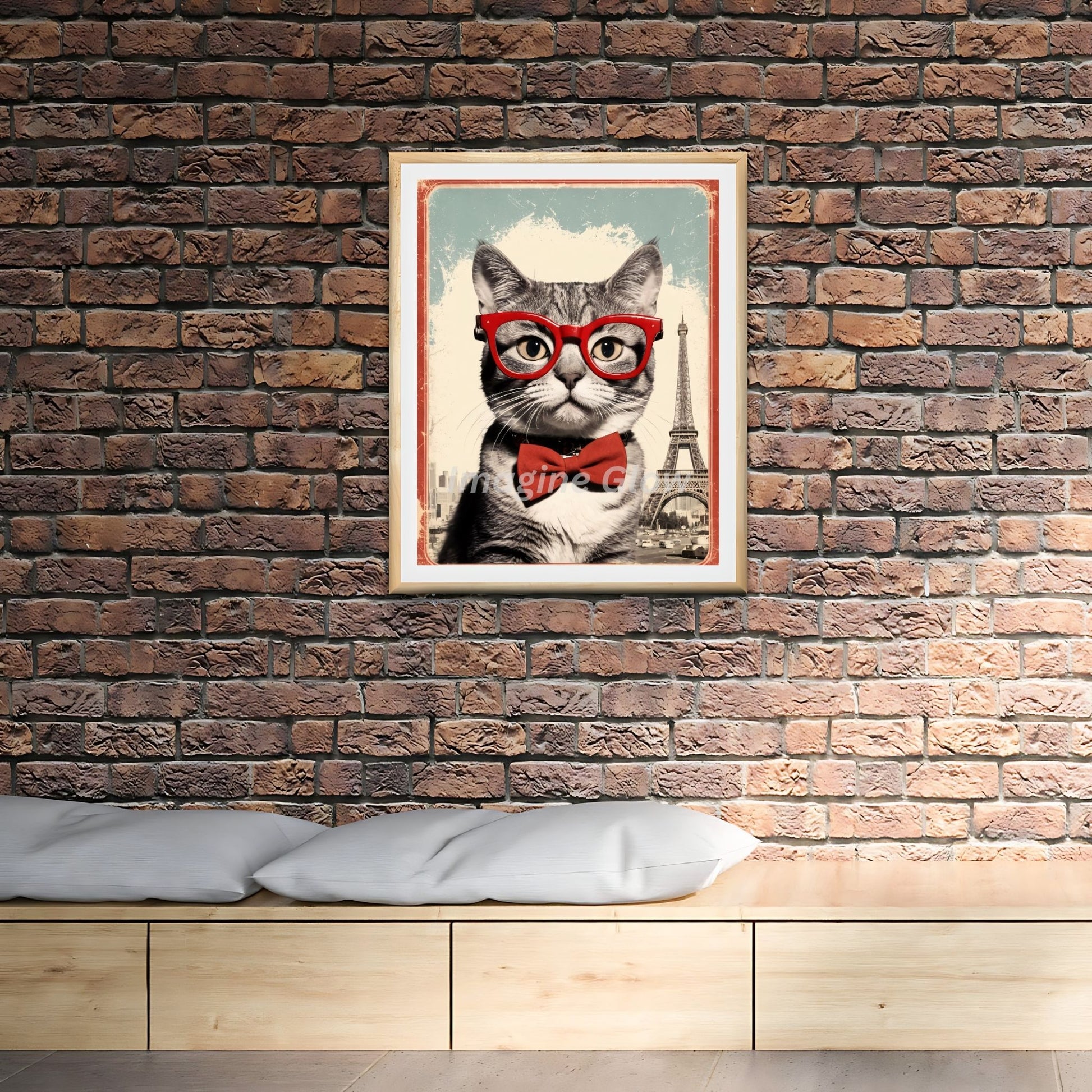 Printable art of a Cat with red glasses, perfect for vintage-themed decor.