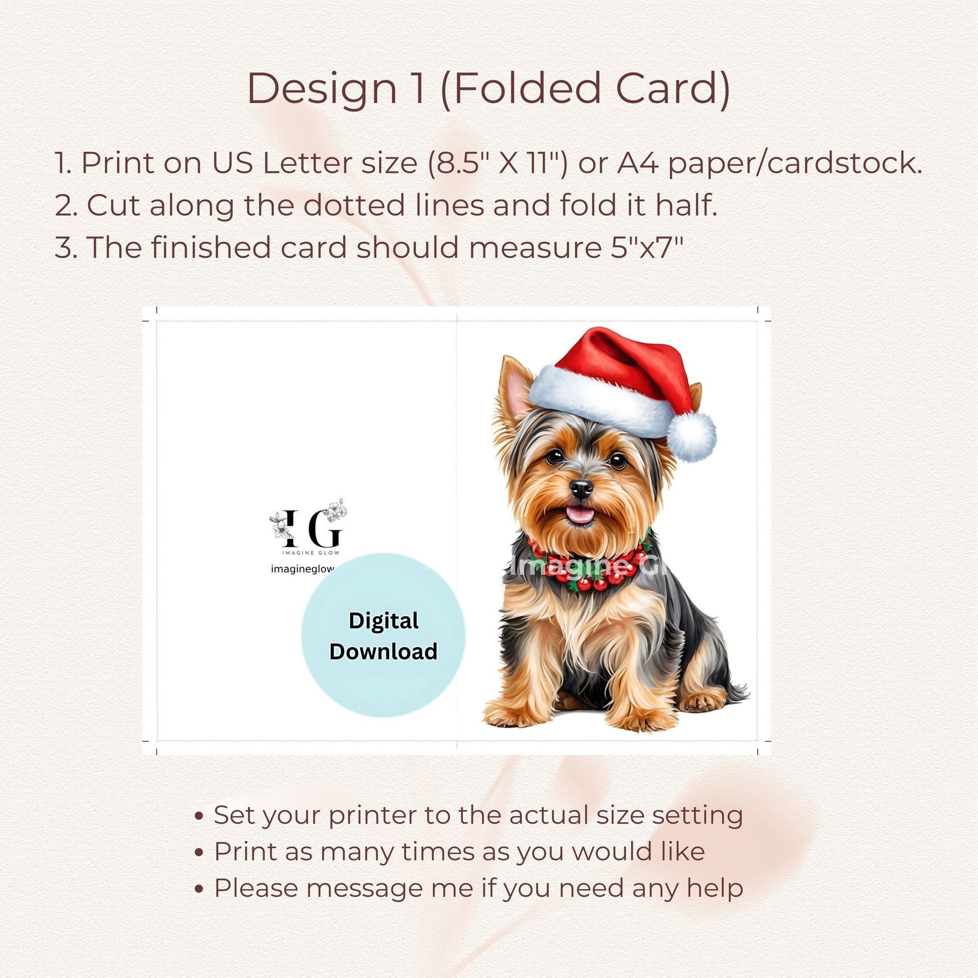 Cute holiday card perfect for dog lovers celebrating Christmas.
Digital download of a Yorkshire Terrier Christmas card for sharing holiday cheer.
