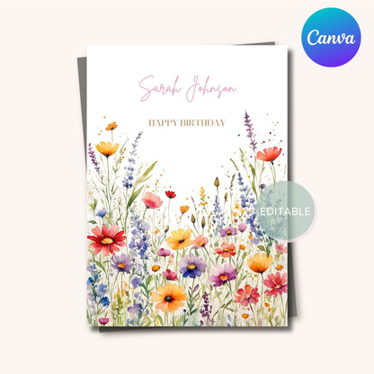 Printable wildflower card design customizable in Canva