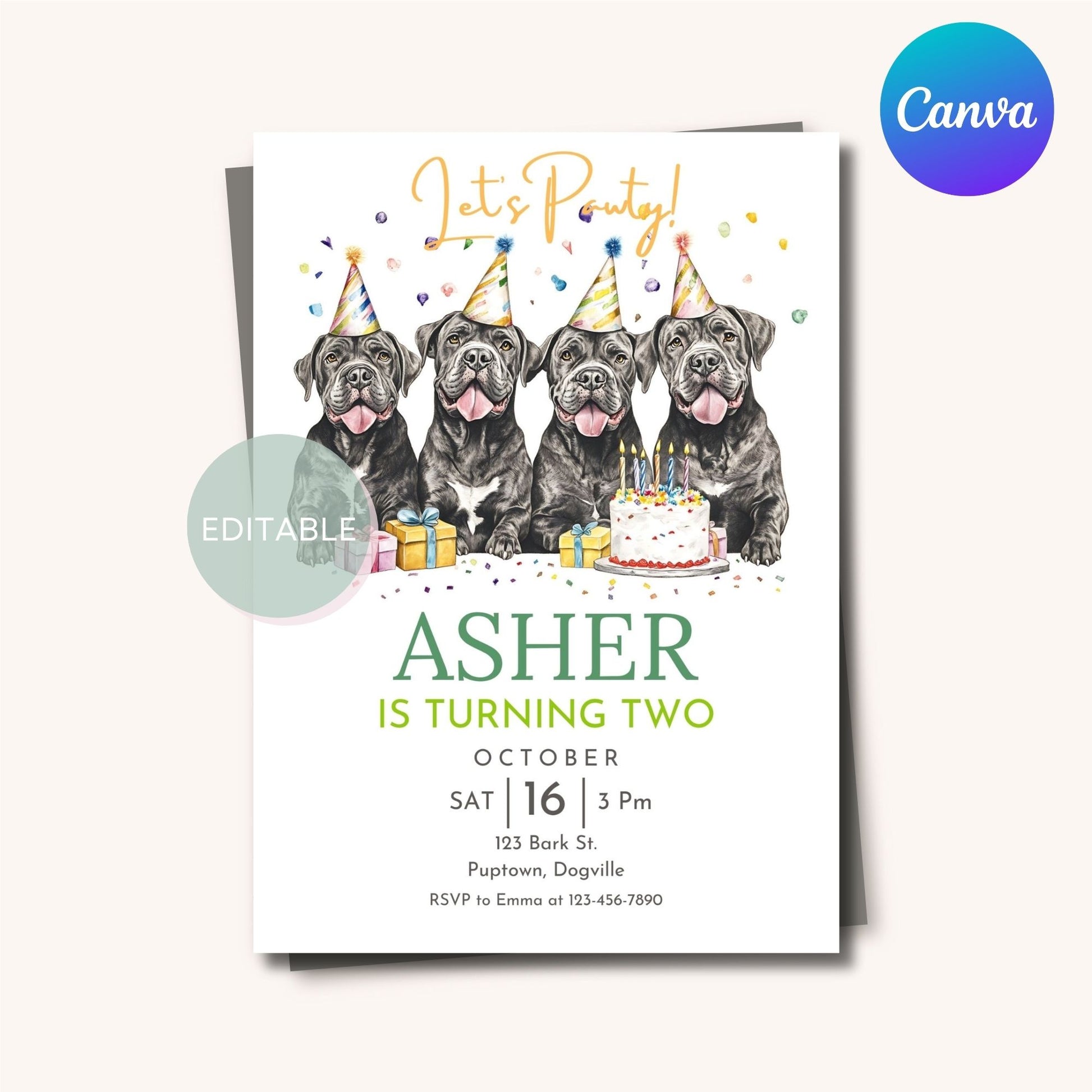 Printable and mobile Cane Corso birthday invitation for pet parties.