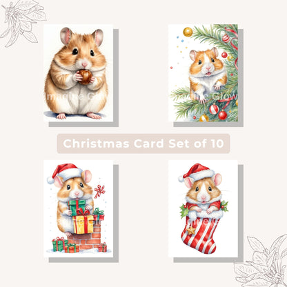 Printable holiday cards featuring cute hamsters, perfect for Christmas greetings.
