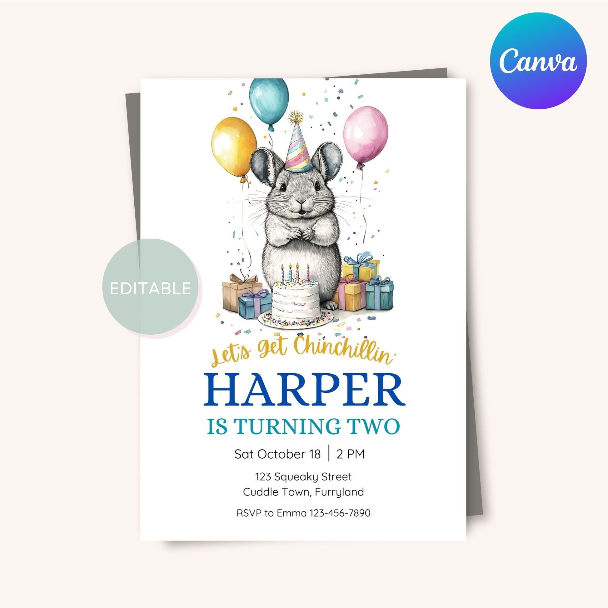 Adorable chinchilla design for a printable birthday invite, perfect for kids.