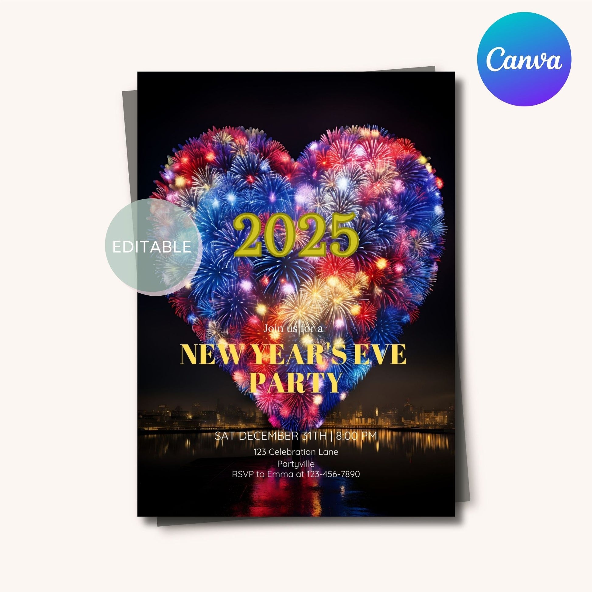 Printable Fireworks New Year's Eve Party Invite Design