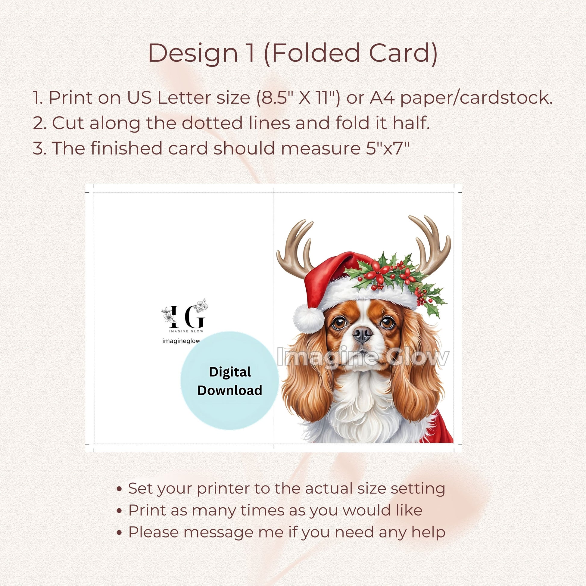 Christmas greeting card with a charming Cavalier King Charles Spaniel illustration.