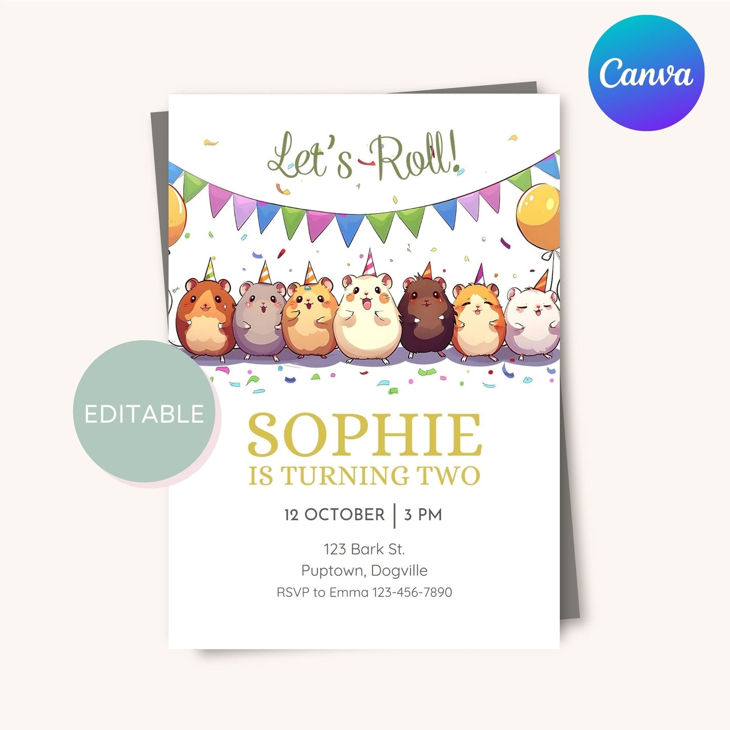 Personalized hamster-themed birthday invitation, editable in Canva