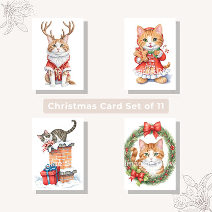 Printable holiday card set featuring cute cats in Christmas designs.
