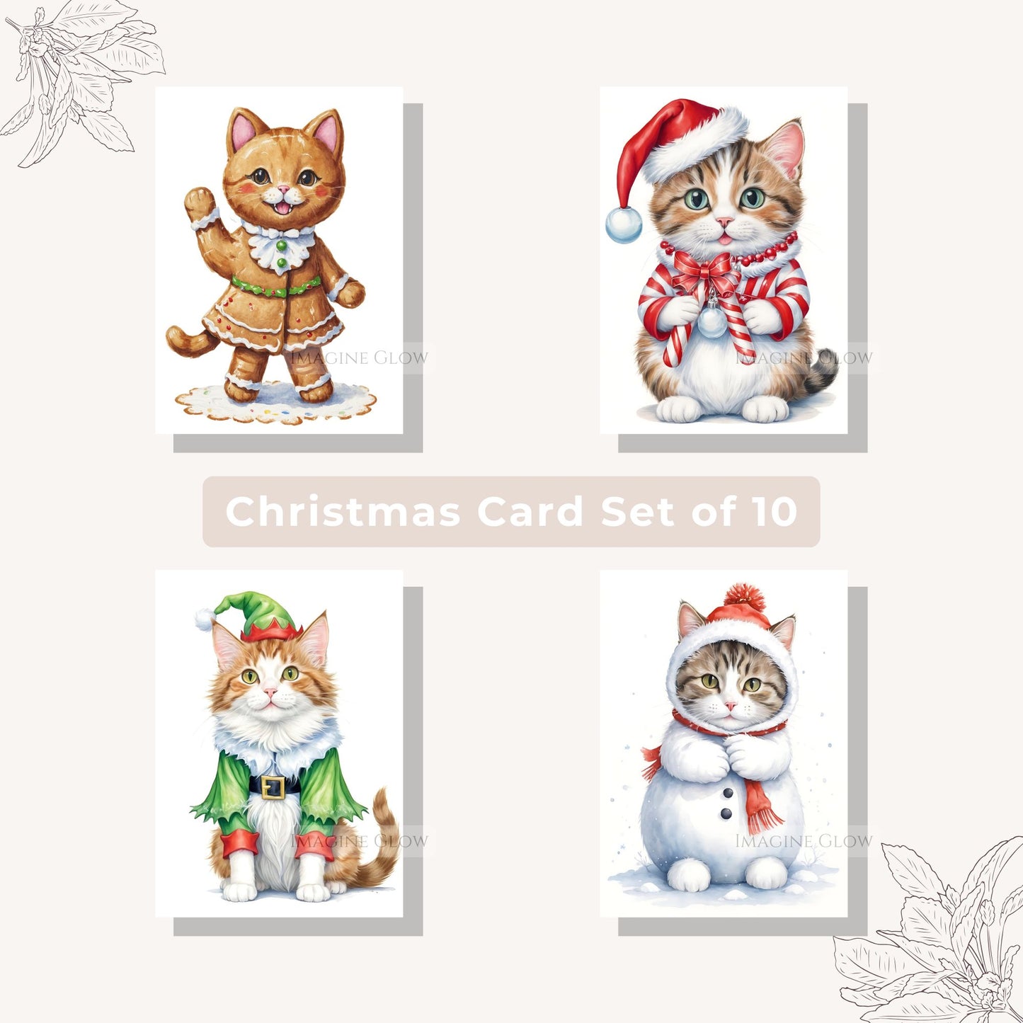 Set of 10 Printable Cat-Themed Holiday Greeting Cards