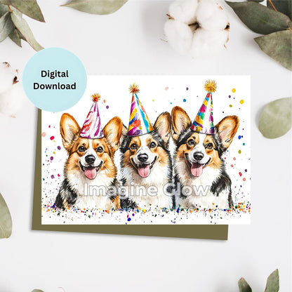 Welsh Corgi birthday card with a festive design for parties and celebrations.