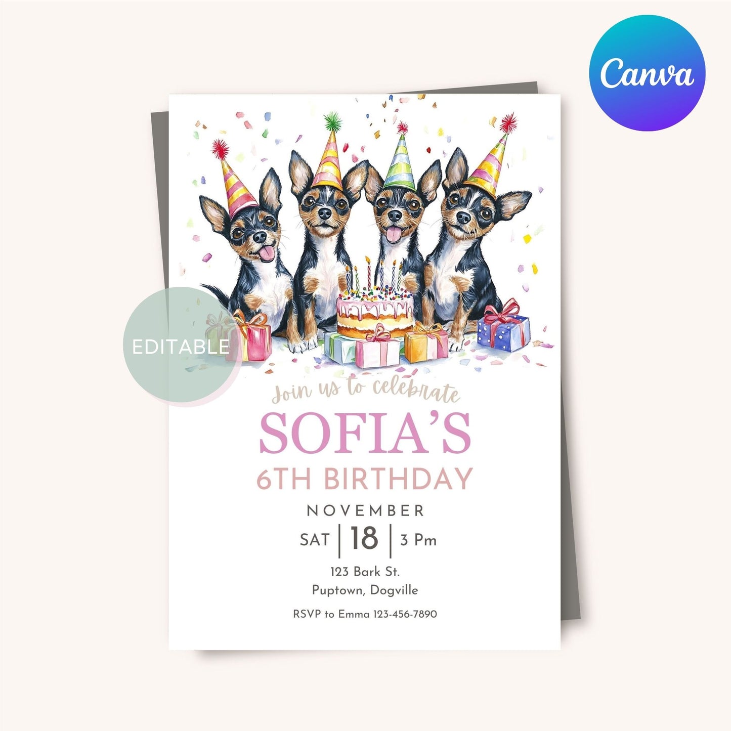 Customizable Toy Fox Terrier birthday invite, printable and editable in Canva.