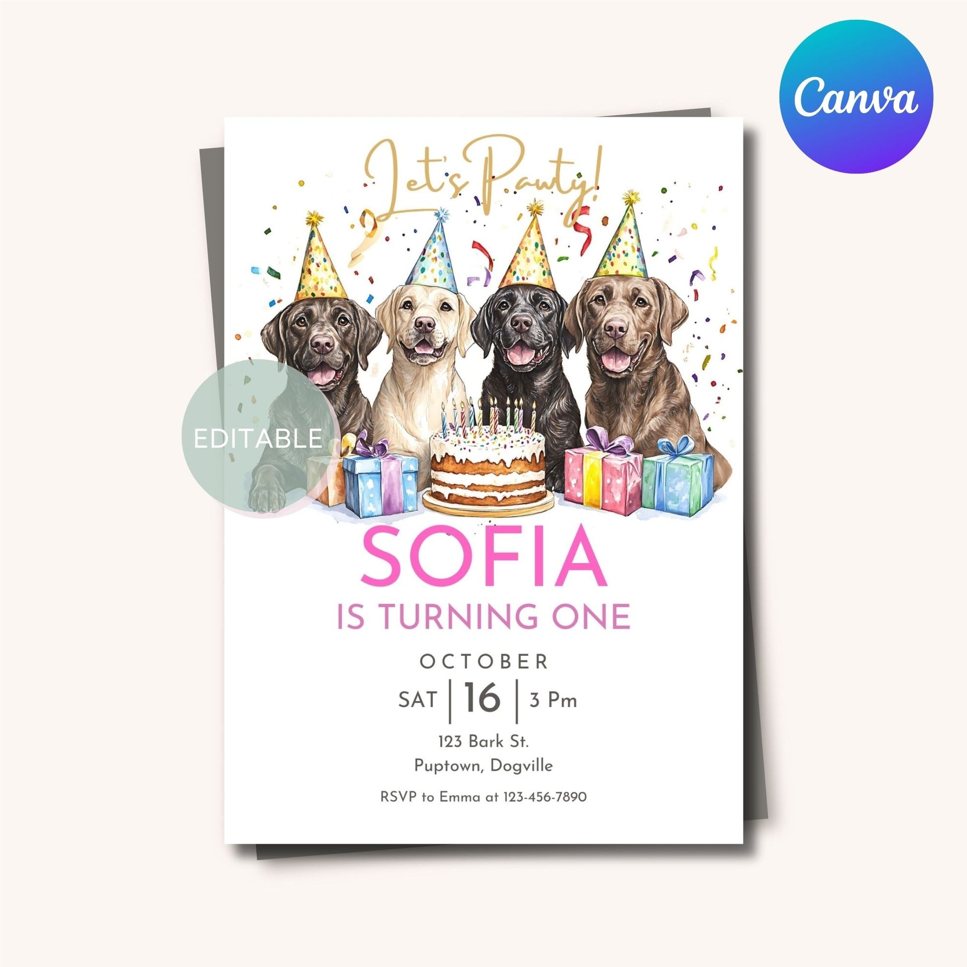 Printable Labrador Retriever dog birthday party invitation.