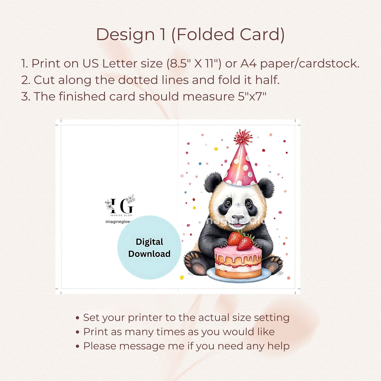 Panda birthday greeting card, available as a digital download for easy printing.
