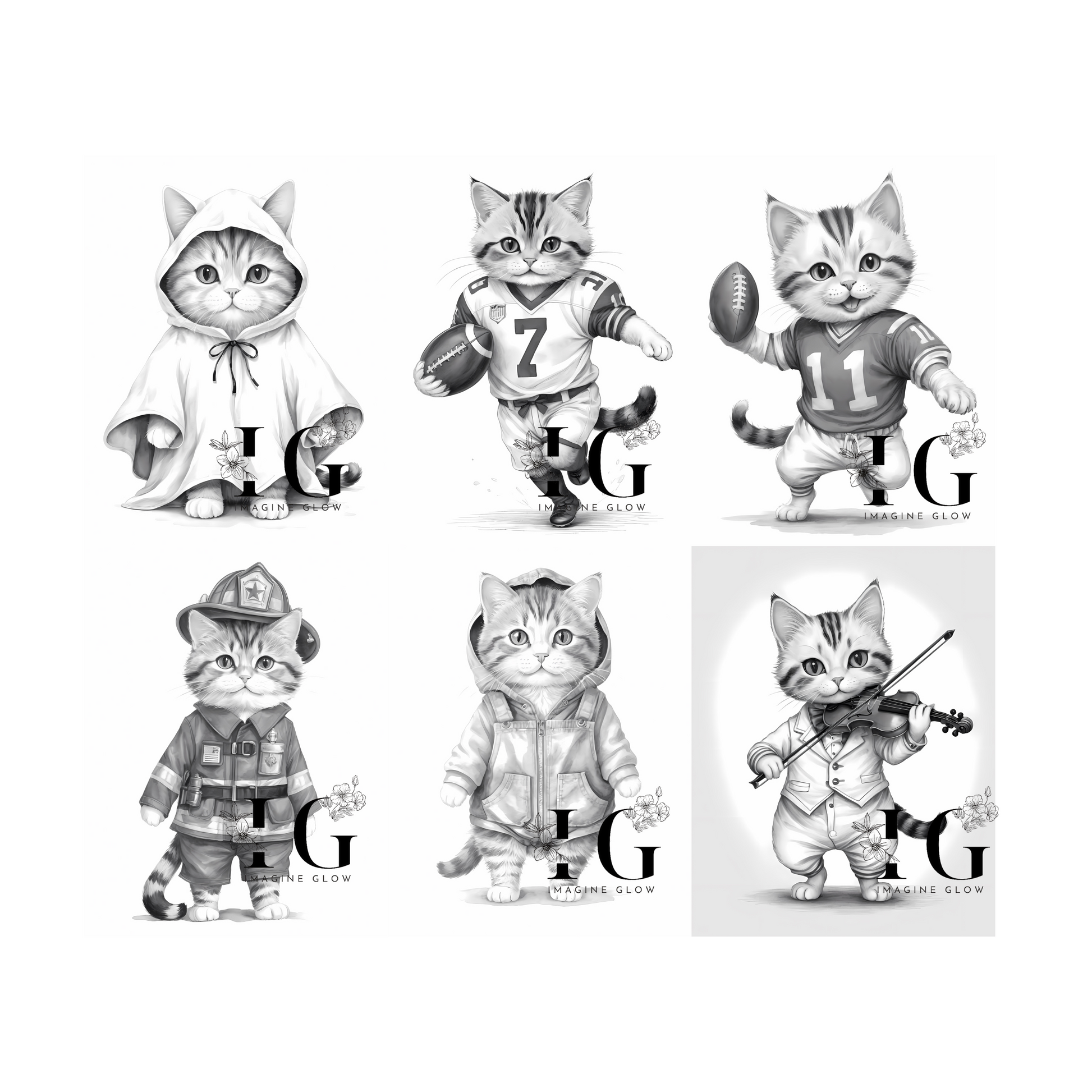 30 printable coloring pages showcasing cats in various costumes for artistic enjoyment.