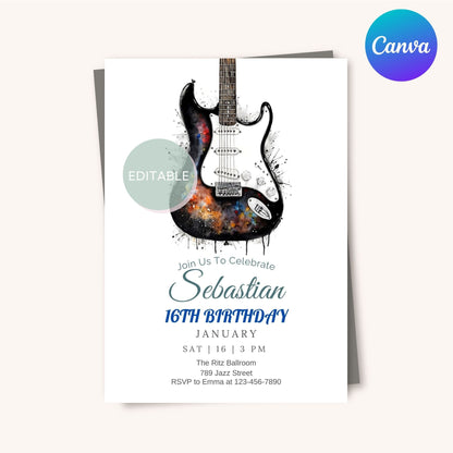 Music Theme Birthday Invitation Featuring an Electric Guitar - Digital Download