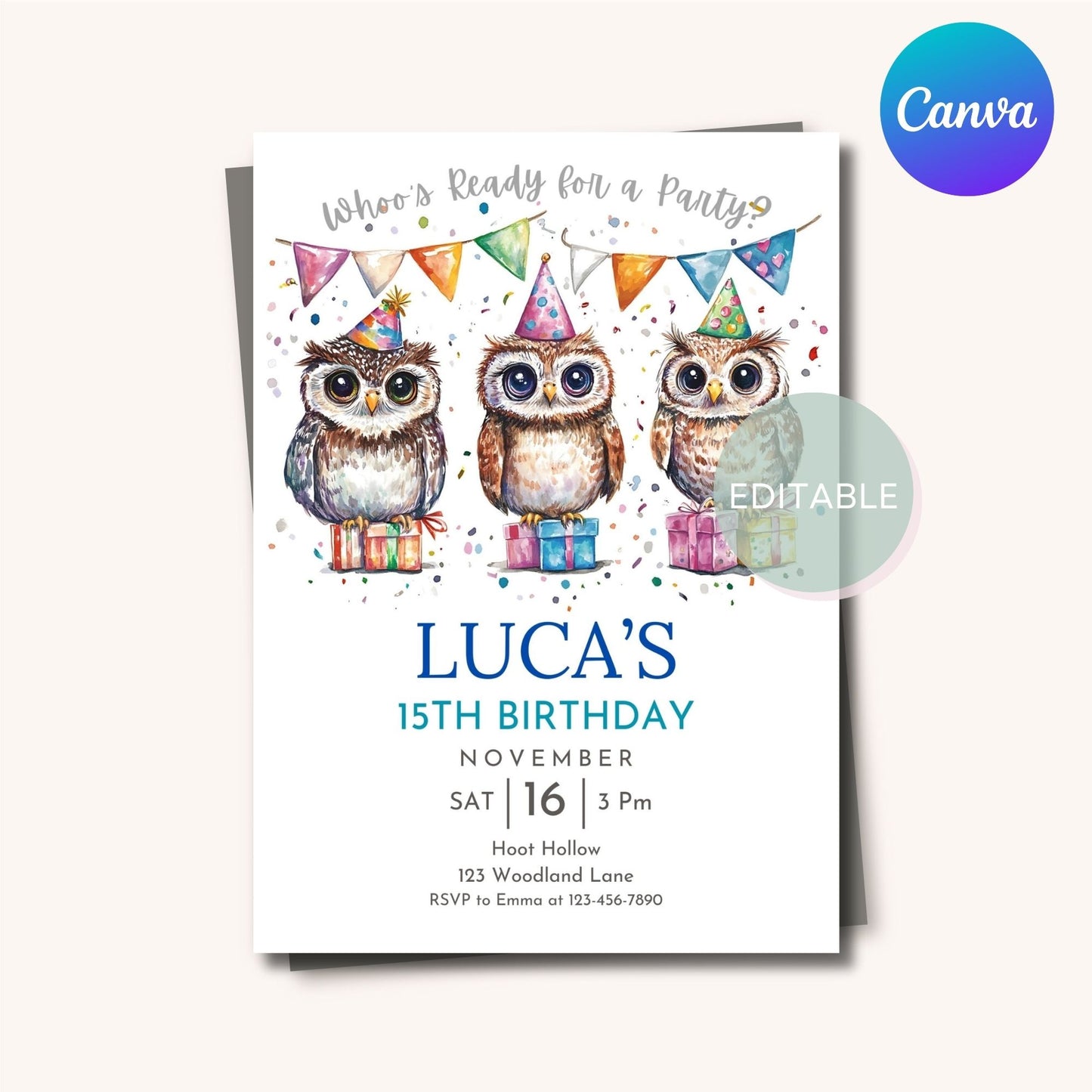 Cute owl birthday party invitation template, digital download.