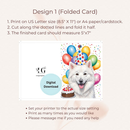 Cute American Eskimo dog pet-themed birthday card, perfect for printing.