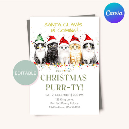 Printable cat-themed Christmas invitation, digital download for festive events